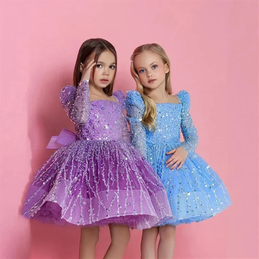 

Luxury Flower Girl Wedding Sequins Full Sleeves with Bow Princess Birthday Party Dress Baby Girl Ceremony Prom Gown Customized