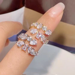 LXOEN 2022 Fashion 2 Layers Irregular AAA Cubic Zirconia Couple Wedding Open Adjust Rings for Charm Women Silver Color Jewelry