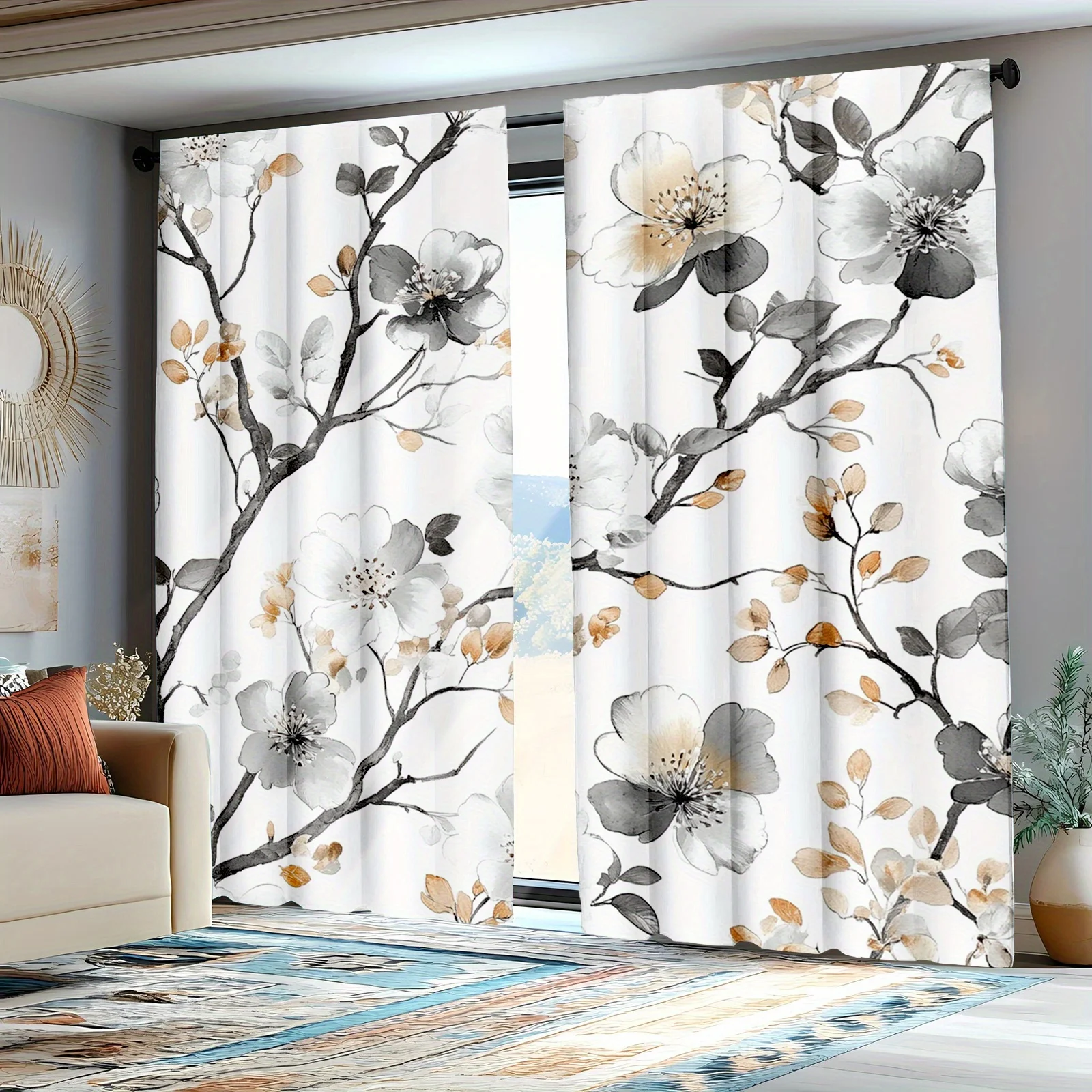 Elegant 2Pcs Botanical Floral Watercolor Curtains Peony Blossom Tree Pattern Window Drapes for Modern Bedroom Home Decor
