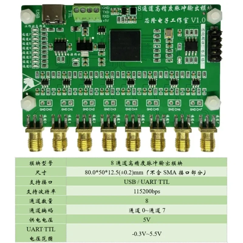 8-channel adjustable frequency pulse generator with multiple control modes and a minimum step size of 10ns