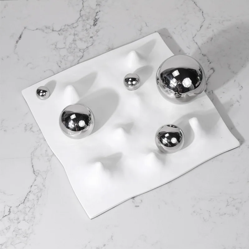 Modern Abstract Undulating Mountain Terrain White Base Sculpture Mirror Polished Stainless Steel Silver Spheres Desktop Decor