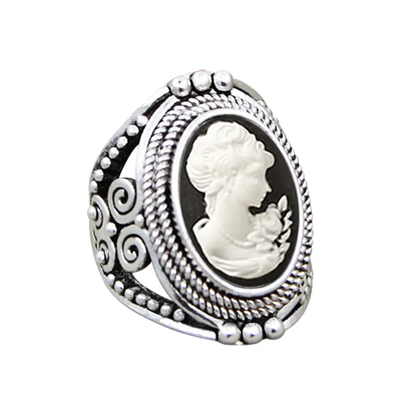 Oval Lady Queen Cameo Rings For Women Vintage Hollow Flower Rings Antique Silver Plated Cocktail Party Fashion Jewelry