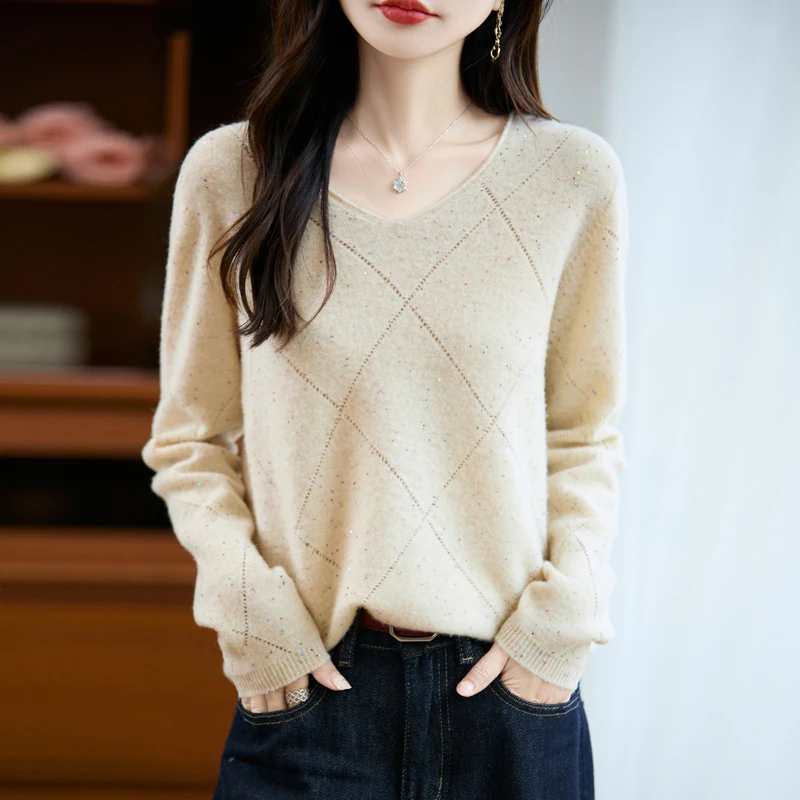 

Diamond-shaped fall-winter new style 100% merino wool women's pullover sweater, V-neck sweater, fashionable and warm base layer