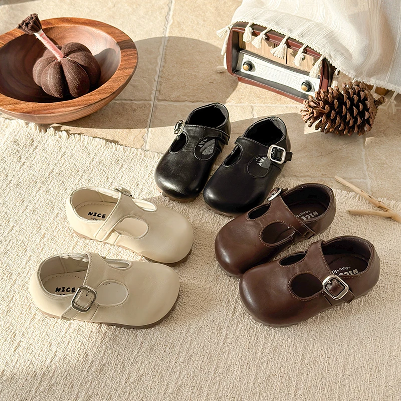 

Детские туфли Мэри Джейн с пряжкой, кожаные балетки с Т-образным ремешком, нескользящая мягкая подошва, повседневные лоферы в ретро-стиле