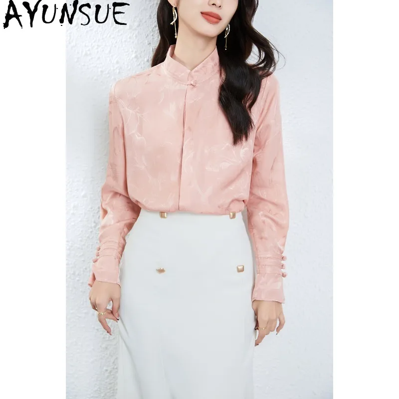 

100% Silk Women's Blouses and Shirts Chinese Style Long Sleeve Tops for Woman Luxury Pink Blouse Spring Woman Clothing 2026 топ