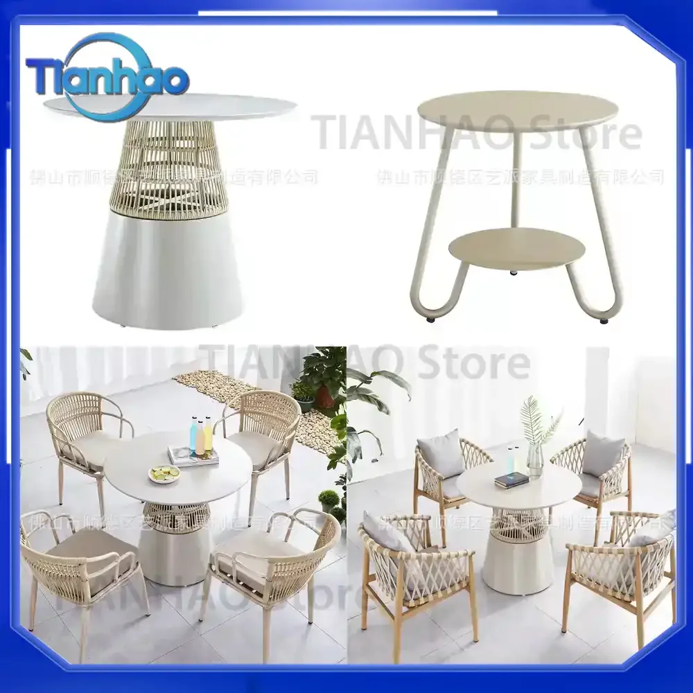 Modern Minimalist Outdoor Furniture Set for Café Patio Dining Including Aluminum Frame Rattan Table and Chairs with Pull Rope