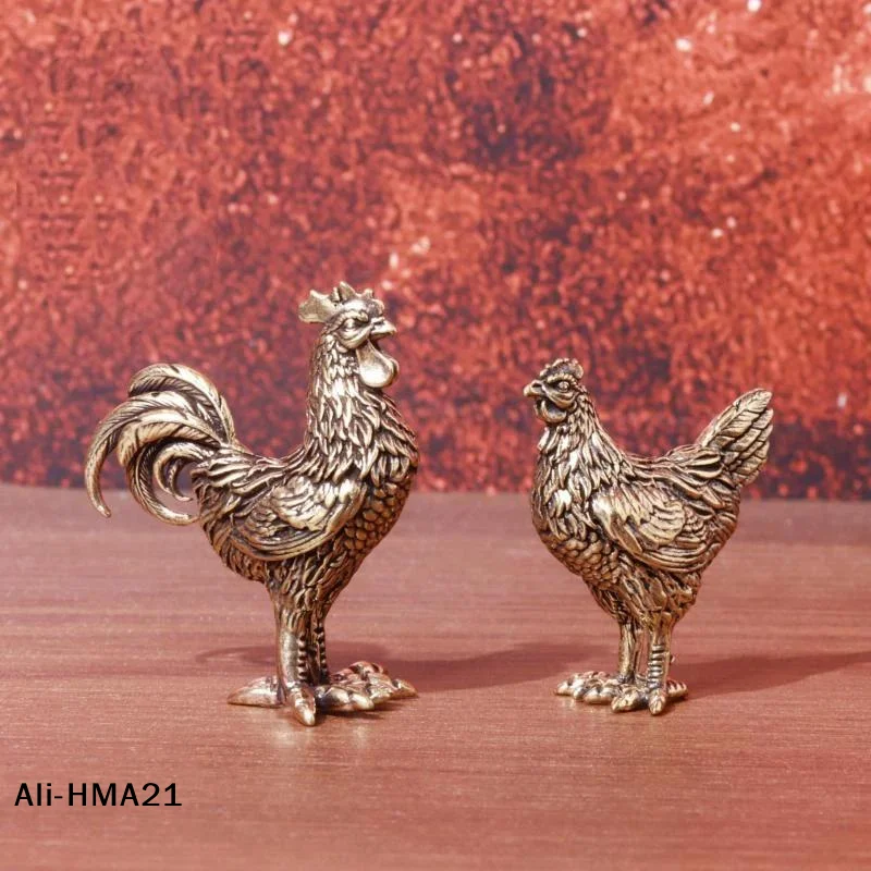 【H】Miniature Bronze Rooster And Hen Figurines, Pure Brass Sculpted Figures, Suitable For Office Desks, Tea Sets, And Pet Crafts.
