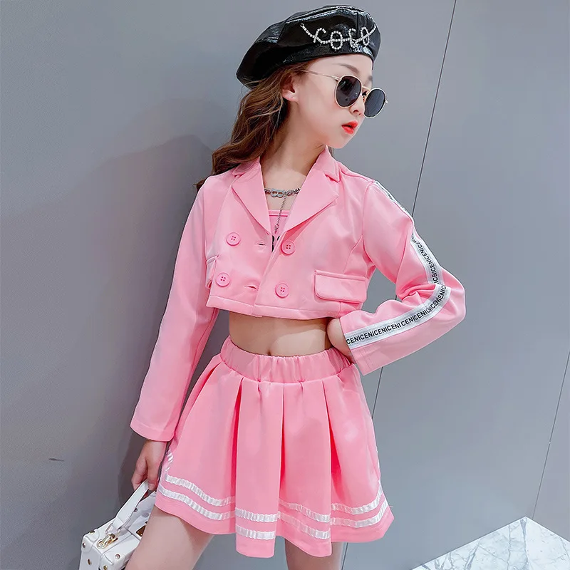 

2022 New Fashion Girls Three Pieces Suit Hip Hop Jazz Dance Costumes Pink Crop Tops Vest Skirt Costumes Stage Wear Outfits 170cm