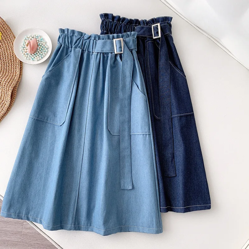 

PEONFLY Midi Denim Skirt Women 2021 Spring Summer Safari Style Big Pocket Belt A Line Knee Length High Waist Jeans SKirt Female