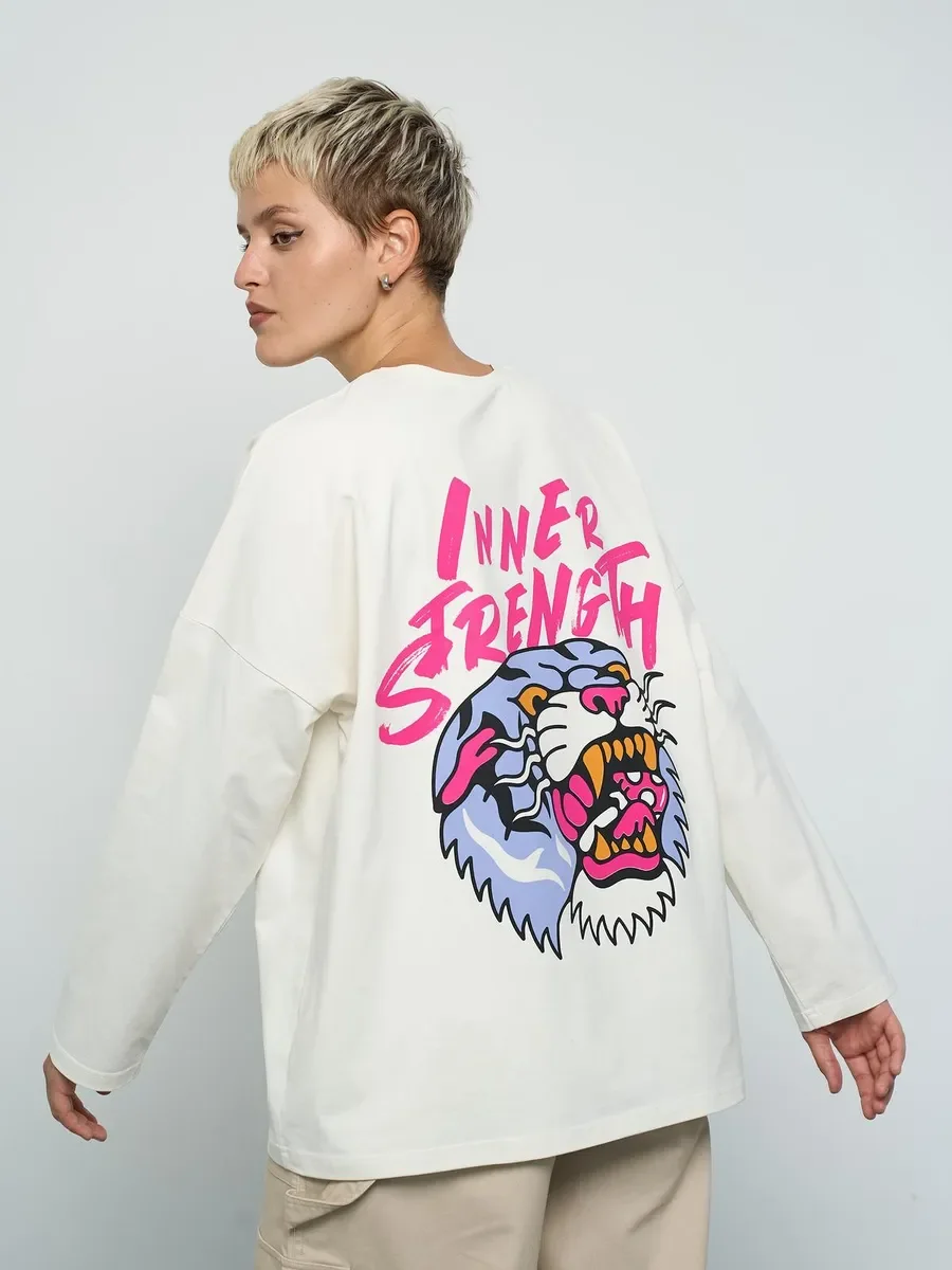 Inner Strength Tiger Back พิมพ์ผ้าฝ้าย 100% เสื้อยืดแขนยาวบางเสื้อกันหนาวหลวมขนาดใหญ่ Streetwear Hip Hop Punk ผู้หญิง