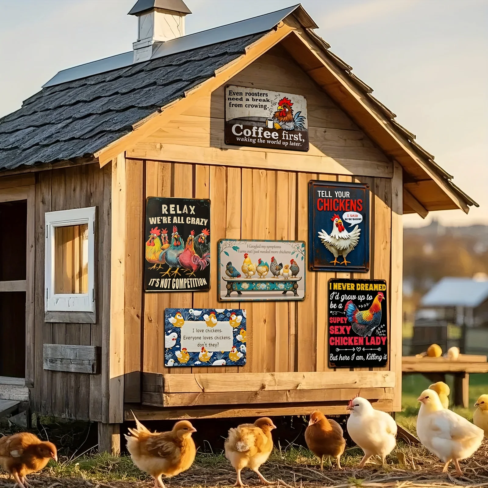 6pcs Humorous Chicken Decor Vintage Metal Sign, Funny Chicken Coop Accessories Tin Signs, Farmhouse Wall Decor Chicken Posters for Home Kitchen Restaurant Farm Fence Yard Outdoor, Chicken Gifts for Chicken Lovers, 8x12 Inch Water-proof And Dust-proof