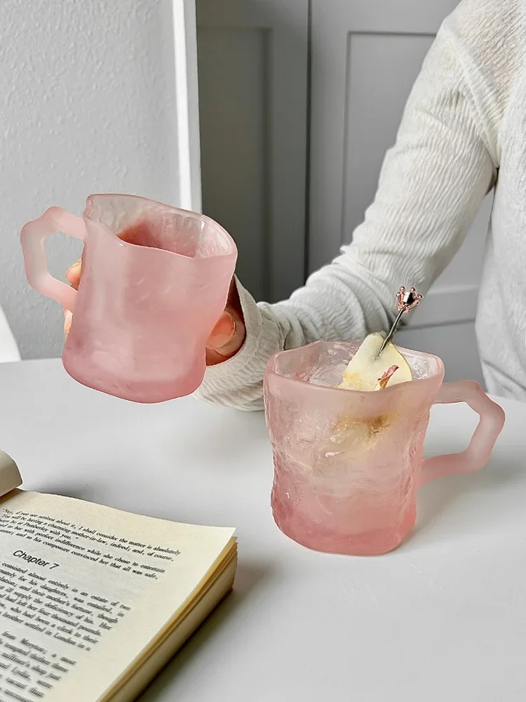 Pink Glass Cup with Handle Beverage Coffee Water Cup High Aesthetic Value Home Use Ins Style Fairy Tale Iceberg Theme Cup