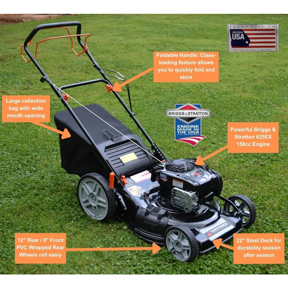 Rasaerba semovente, potente motore Briggs & Stratton da 150 cc, 22 pollici prodotto in America. Ponte in acciaio, 3 in 1