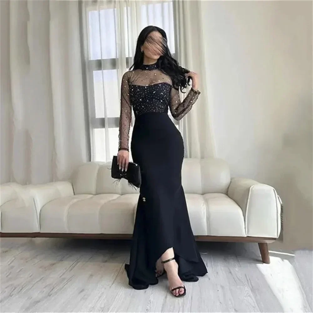 CustomizedElegant Mermaid High Collar Long Sleeve Satin Sequins Evening Dress With Zipper Back And Sweep Train For Women 2024 ف