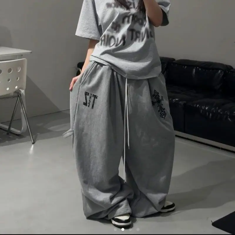 ONE TO WAN American Retro Grey Casual Sports Pants Women's Spring Autumn High Waist Loose Drawstring Dance Wide Leg Sweatpants
