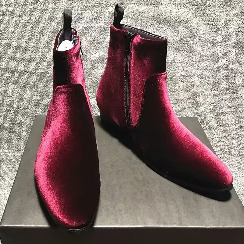 Noble Blue Burgundy Velvet Square Heel Men Ankle Boots Pointed Toe Zipper Back Wine Red Solid Man Chelsea Boots Zapatos Hombres