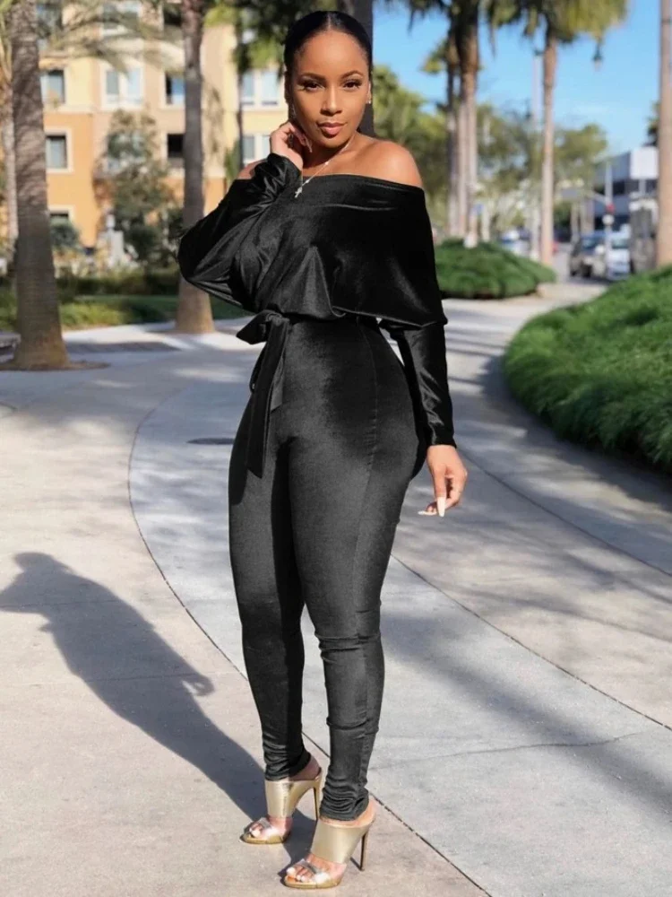 Women Sexy Stretch One Shoulder Velour Jumpsuits Long Bat Sleeve Solid Bodycon with belt  Autumn Fashion Jumpsuit Streetwear New