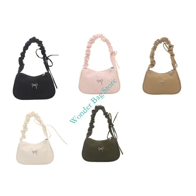 Stylish Nylon Shoulder Bag Unique Pleated Design Lightweight Bowknot Handheld Bag Underarm Purse For Women Casual Daily Use
