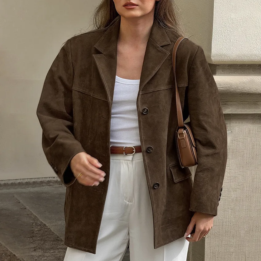 2025 Winter Retro Suede Coat for Women with Thickened Mid to Long Collar Coat and Commuter Women's Wear