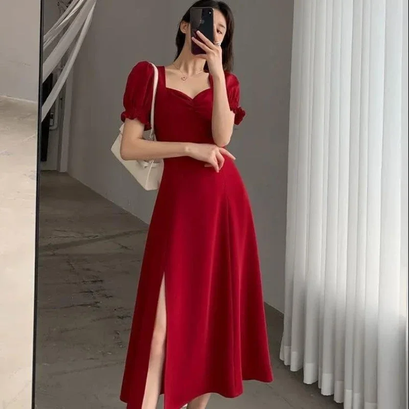 Vestido elegante de manga corta abombada liso, ropa de mujer para invitados de boda, Año Nuevo, moda para mujer, vestidos de fiesta de noche ajustados de cintura alta