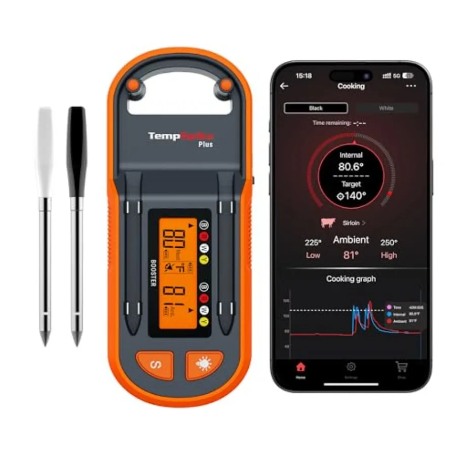

Беспроводной термометр для мяса TempSpike Plus 600ft с 2 цветными датчиками, Bluetooth, с улучшенным ЖК-дисплеем