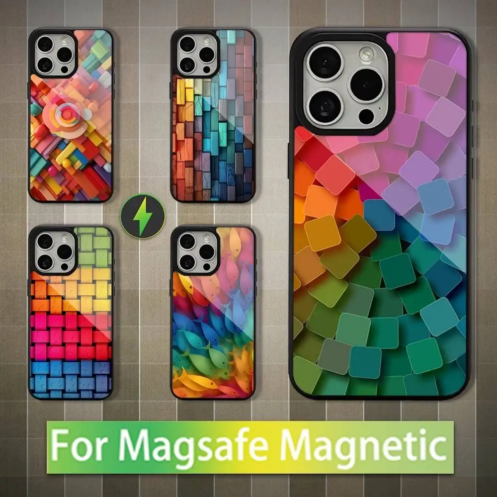 

3D Art Colorful Block Phone Case For iPhone 16,15,14,13,12,11,Pro,Max,Plus,Mini,Magsafe,Magnetic Wireless Charging Case