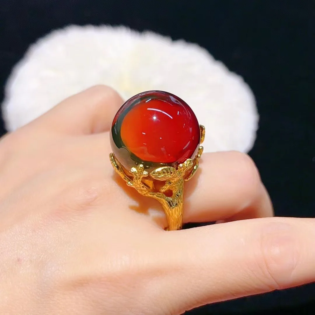 

Кольцо из натурального красного, синего янтаря, 21 мм, стерлинговое серебро S925, массивный пасьянс, тонкое мастерство