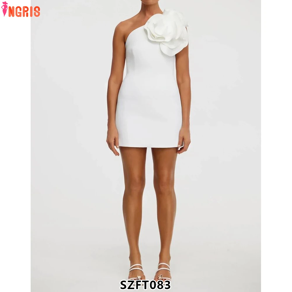 

Girl Dress One Shoulder Sleeveless Frill Mini Bandaged 2025 Summer Clothes for Women Wrap Bandaged Dress-SZFT083