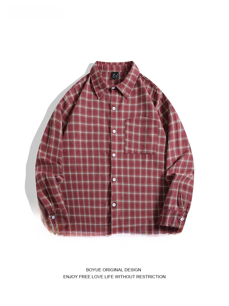 

Мужская ретро-куртка Boyue в красную клетку, длинная, повседневная, свободного кроя, из полиэфирного волокна, молодежная, на пуговицах