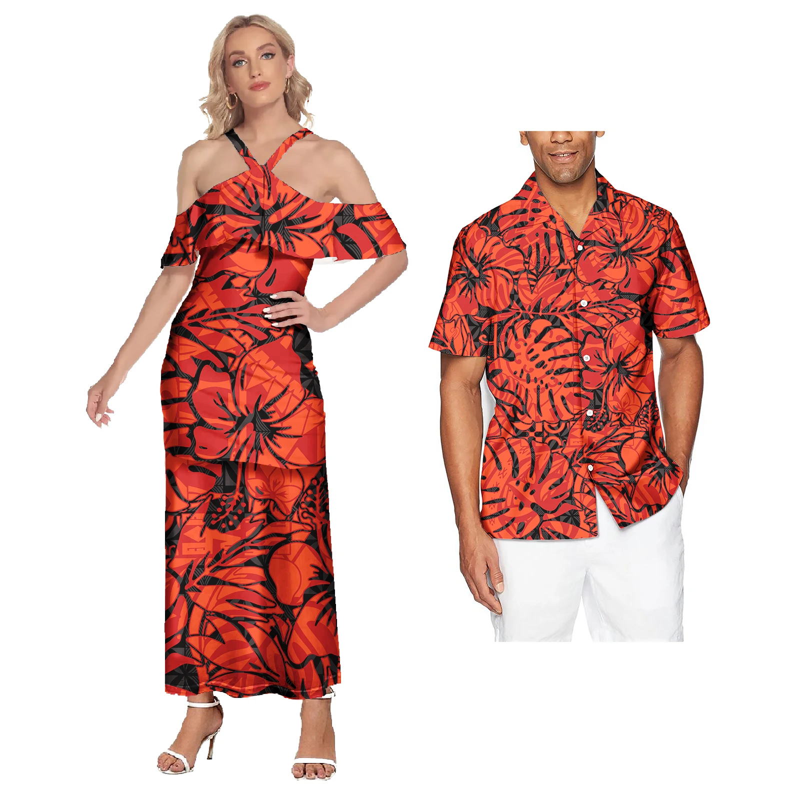 Polynesian Hawaiian Samoan Tropical Floral Couples Tribal Print Dress Mens Shirt Matching Set plus size couple clothing