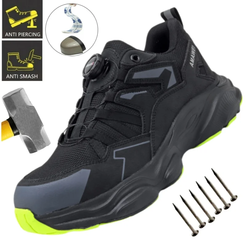 

Rotary Button Men Protective Boots Steel Toe Shoes Anti-smash Anti-puncture Work Boots Safety Mining Shoes Indestructible