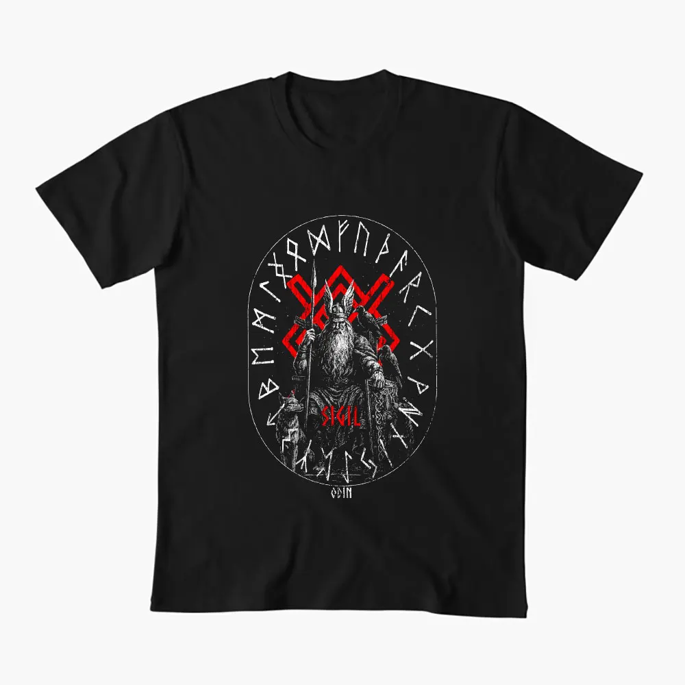 

Odin on his Throne Ravens and Wolves 0414 Nordic Gift T-Shirt Viking Runes Norse Myths Graphic clothes 100% cotton All size top