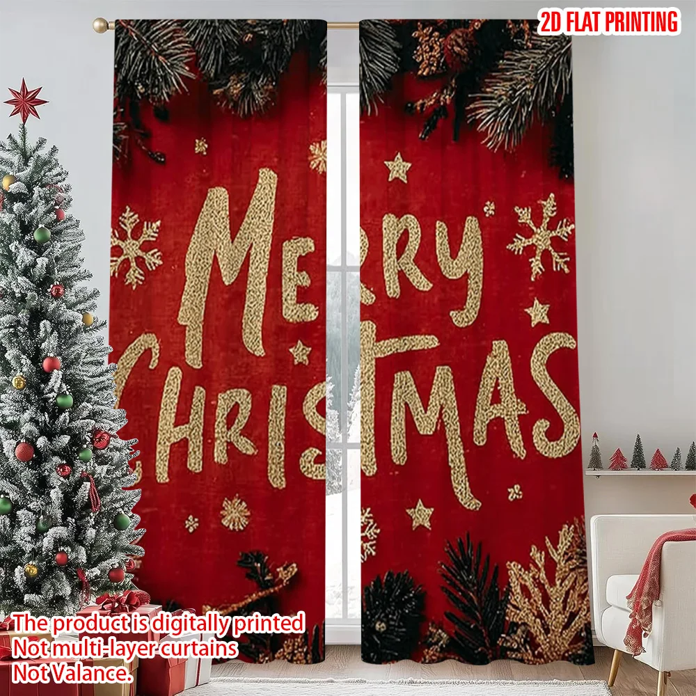 

2pcs 2D flat printing Christmas Window Curtains Merry Christmas4 Durable 100% Polyester Fabric Without Electricity Family Party