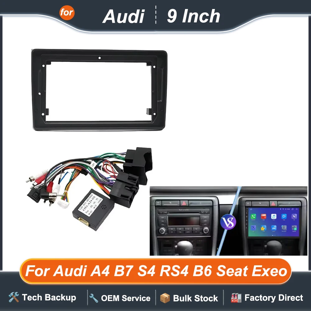 Fascias de Radio Android para coche, marco de 9 pulgadas para Audi A4 B6 B7 S4 8E/8H SEAT Exeo 2000-2013, arnés de cableado, Cable de alimentación, decodificador Canbus