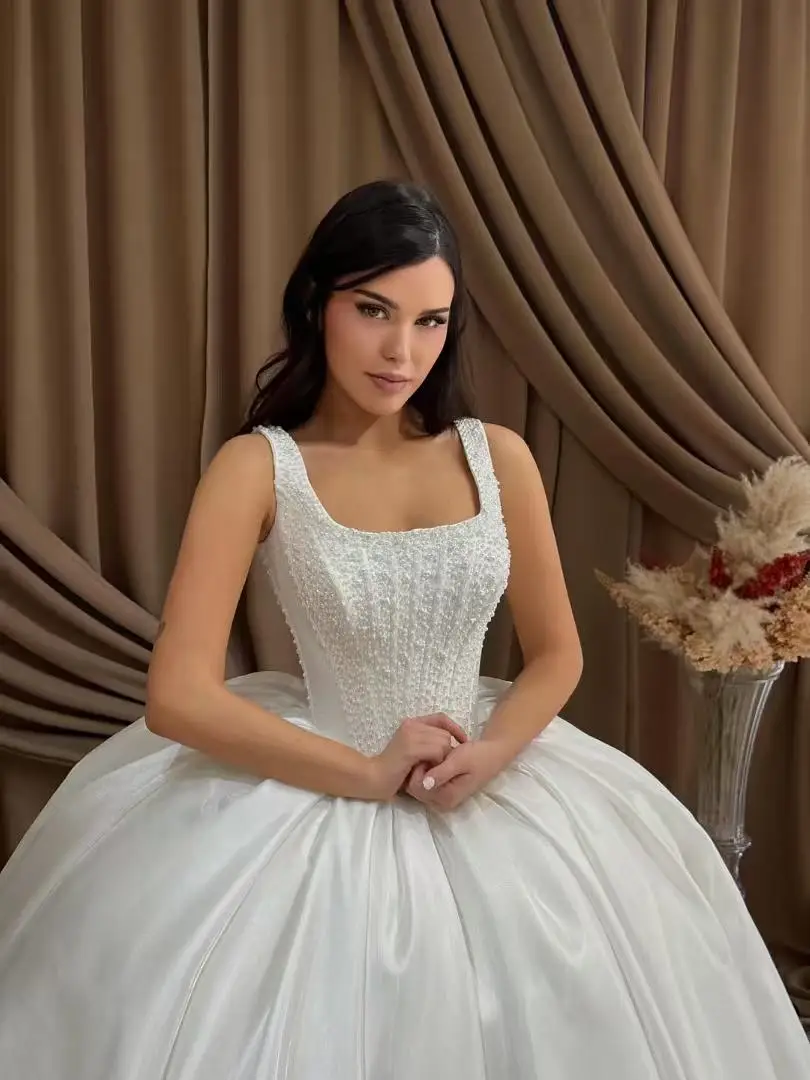 

Luxury Square Neck Beaded Satin Ball Gown Wedding Dress Corset Lace Up Back Cathedral Train Bridal Gown Vestido De Novia