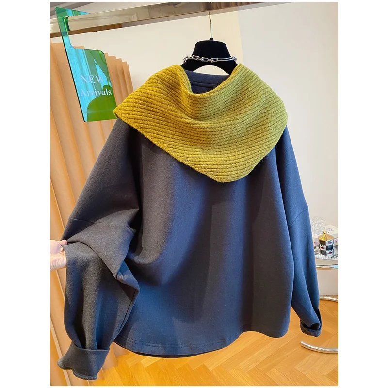 Blauw gebreide sjaal plus fleece sweatshirt voor dames herfst en winter losse casual top met ronde hals