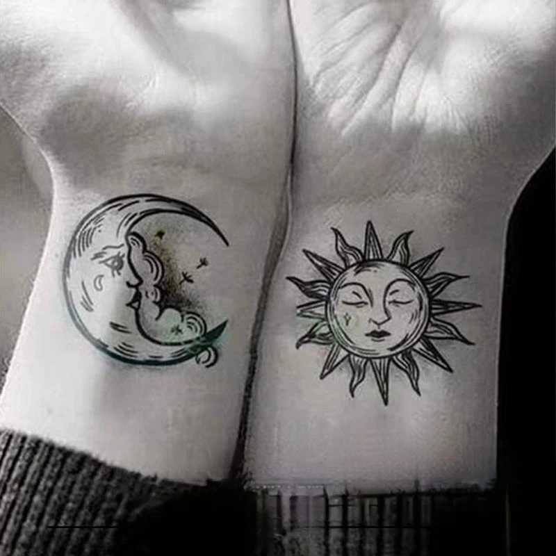 

Sun Moon Waterproof Temporary Tattoo Apply To Shoulder Clavicle Long-lasting Fake Tattoo Couple Cute Men Women Dark Tatouage