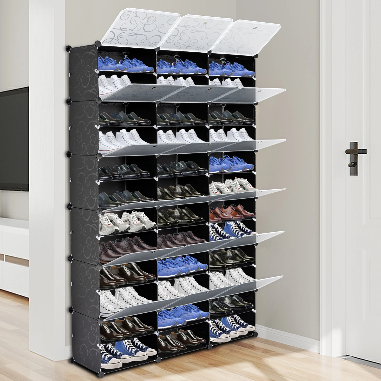 12-Tier Portable 72 Pair Shoe Rack Organizer 36 Grids Tower Shelf Storage Cabinet Stand  Black