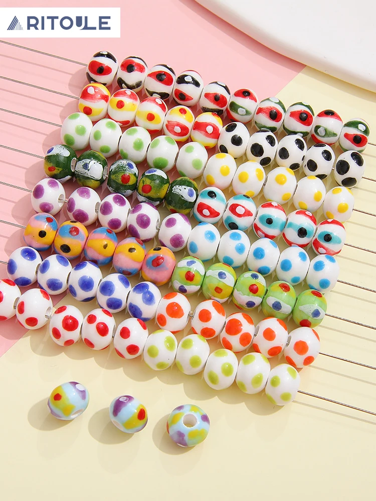 Hand painted polka  stripes contrast color ceramic flat beads beads DIY handmade jewelry bracelet necklace accessories material