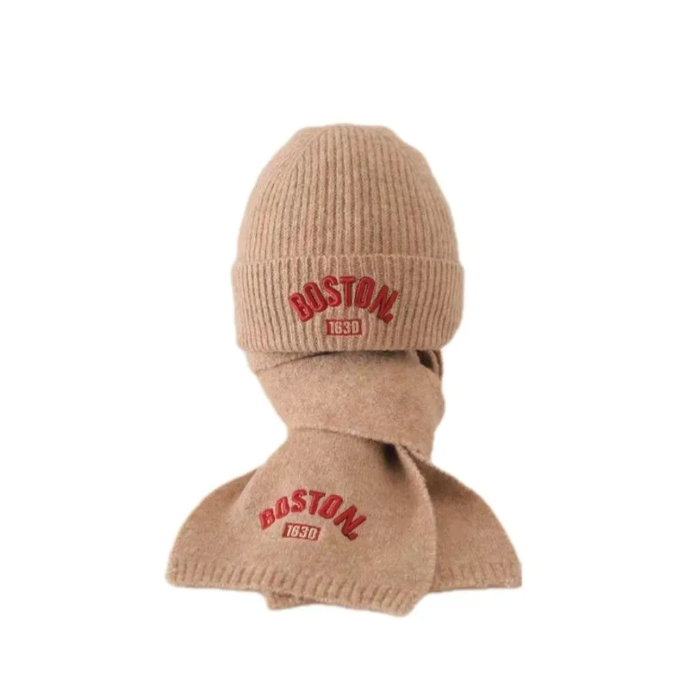 

New BOSTON Embroidery Scarf Hat Set Windproof Coldproof Neck Warmer Warm Pullover Cap For 2-8Y