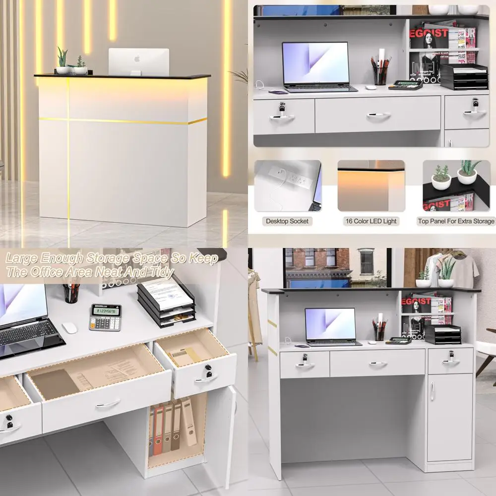 مكتب أمامي حديث مع عداد، وخزائن تخزين، وعداد خروج مقاس 50 بوصة مضاء بإضاءة LED لمنطقة الاستقبال الفعالة