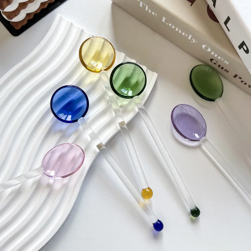 Cute Colorful Stained Glass Long Handle Stirring Spoon Coffee Milk Dessert Ice Spoon Colorful Transparent Glass Spoon