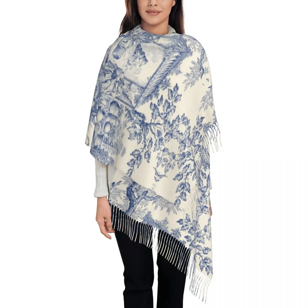 Señora grande Vintage clásico francés Toile De Jouy azul marino motivo bufandas invierno otoño suave cálido borla chal bufanda envolvente