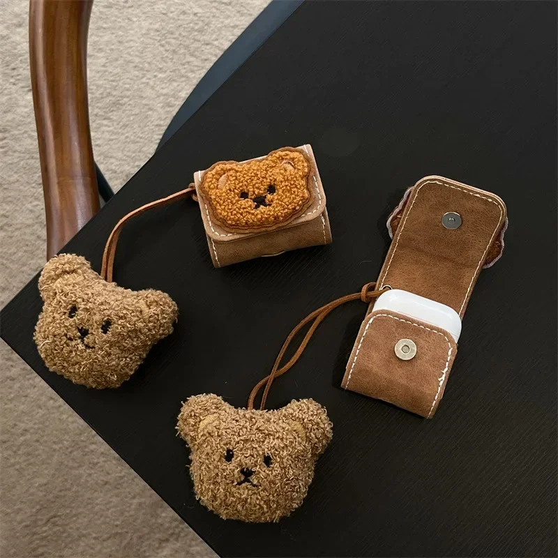 

Plush Bear PU Leather Case for AirPods 4 Airpod 1 2 3 Pro Pro2 Bluetooth Earbuds Charging Box Protective Earphone Case Cover
