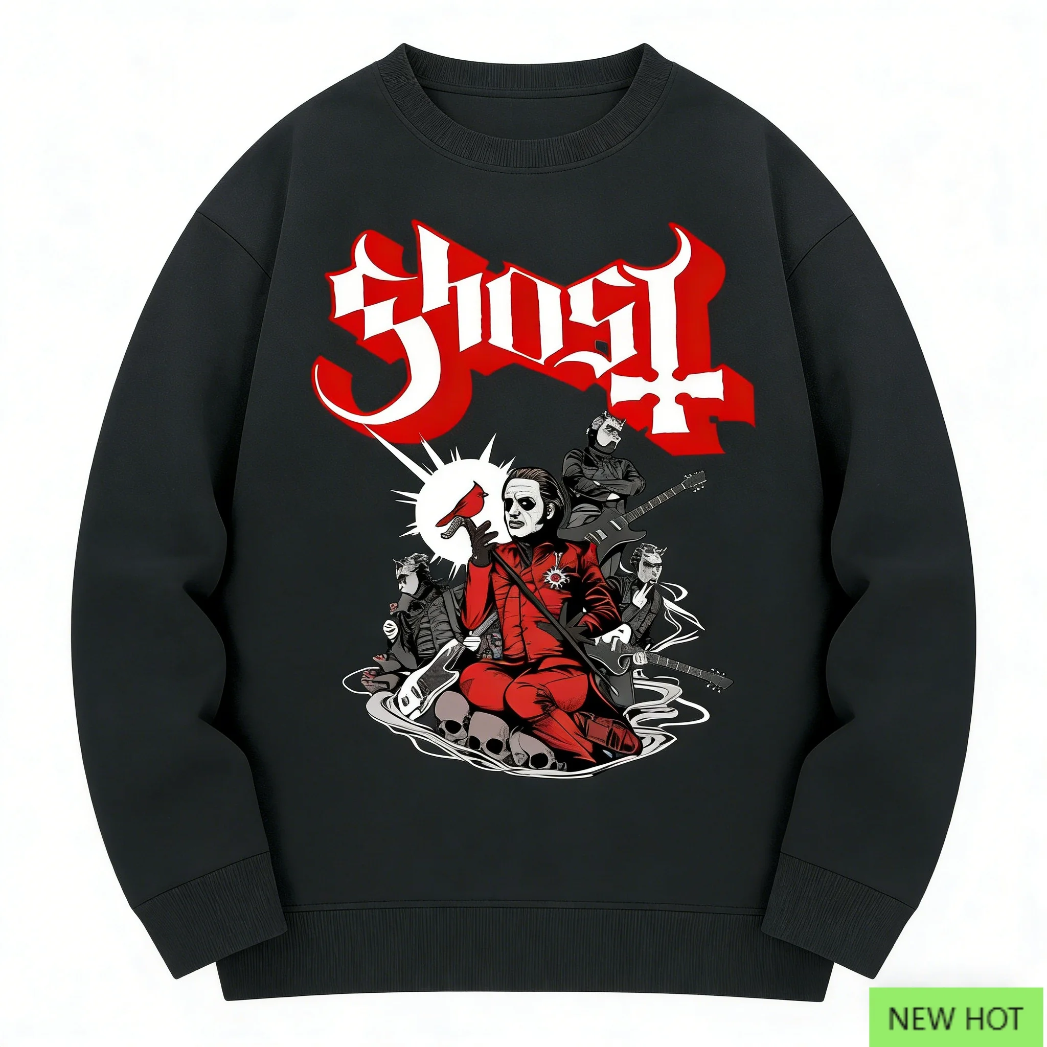 Ghost Dark Band Image Crewneck, Heavy Metal Top, Perfect for Fans Who Love Mystical Dark & Band Vibe