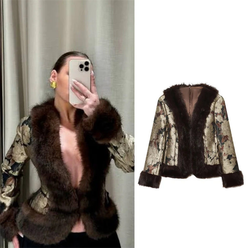 Guobioziy Women's Coat 2026 Early Autumn New Fashion Retro Jacquard Patchwork Faux Fur Waist-Cinching Large Fur Collar Warm Coat