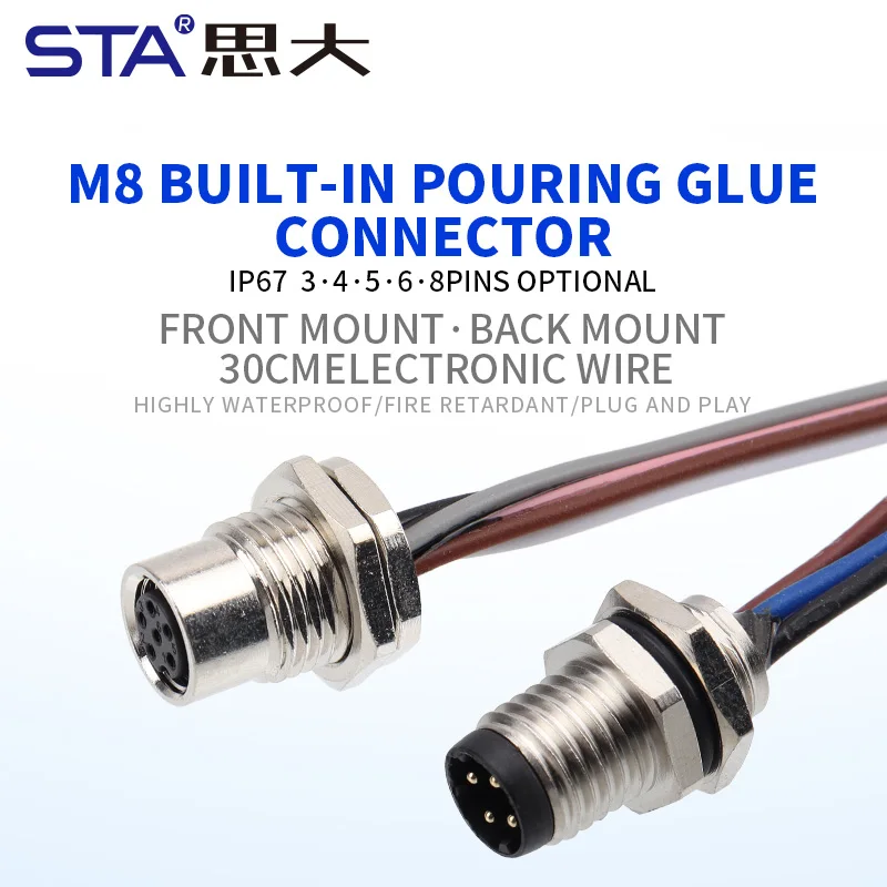 M8 Male Female Front Back Mount Metal Built-in Glue Filling Socket With 30cm Electronic Wire Harness 3 4 5 6 8 pins