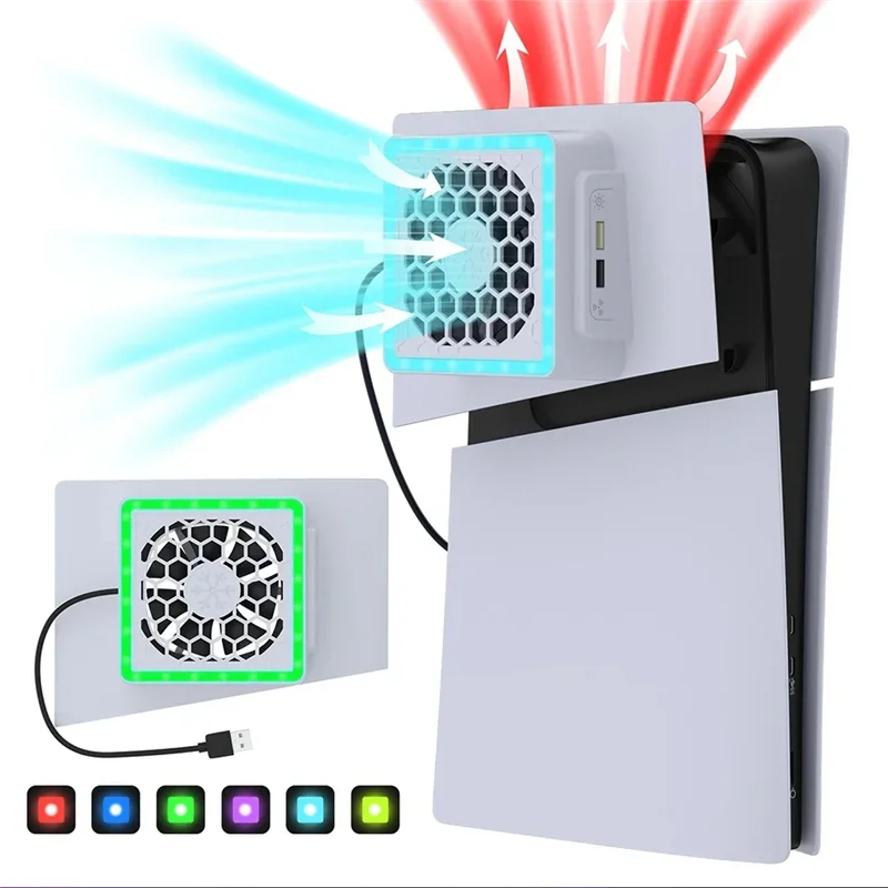 A42T-مروحة تبريد مع ضوء LED 2 منافذ USB وحدة تحكم ألعاب مروحة تبريد مبرد جانبي لملحقات وحدة التحكم في الألعاب PS5 SLIM