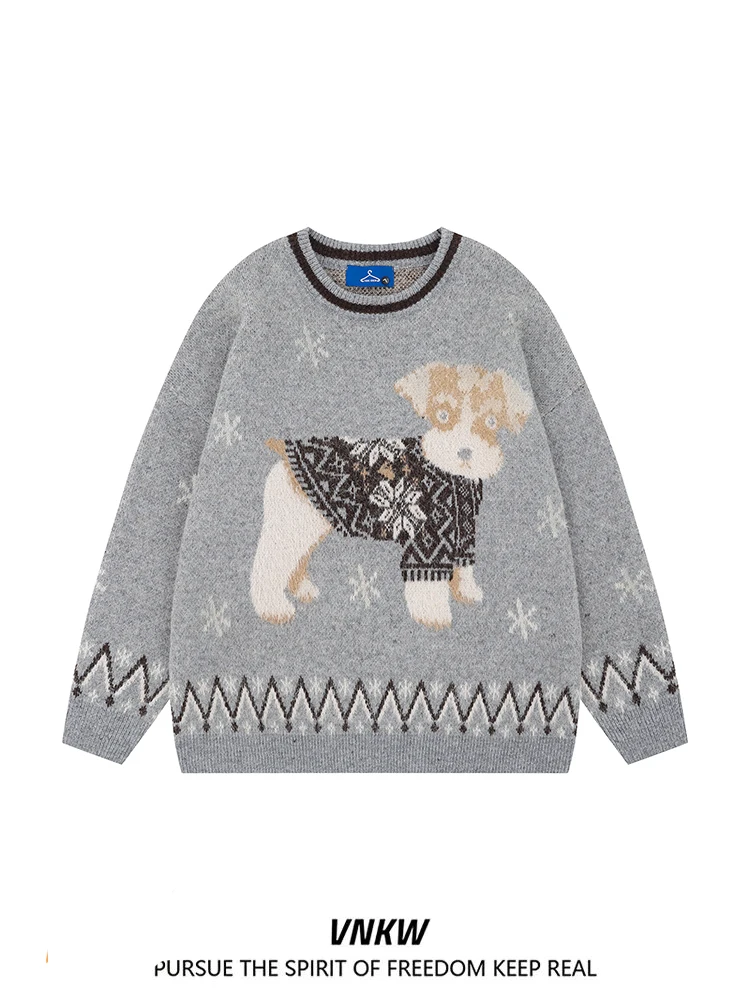 

Утепленный свободный вязаный свитер унисекс с узором в виде собак, мягкий, уютный, в стиле колор-блок, повседневный, зимний, модный, уличный стиль