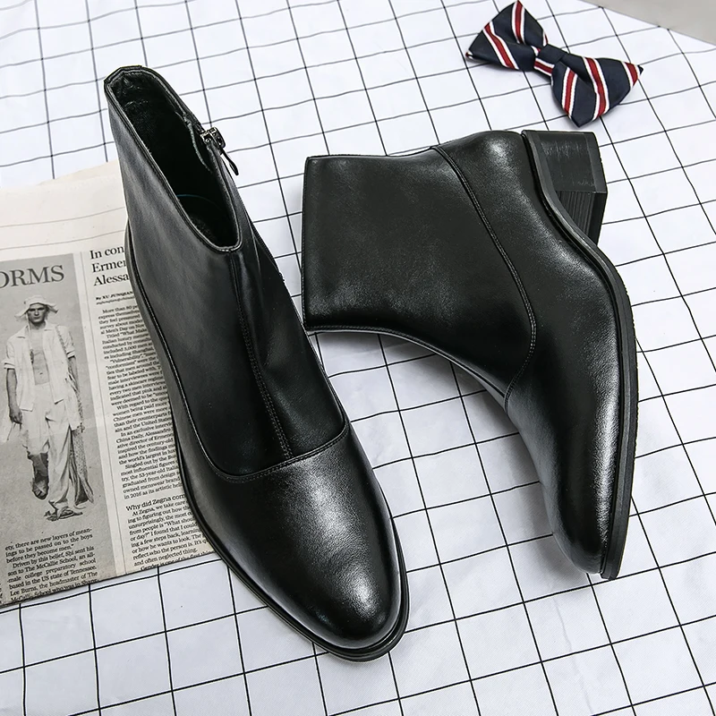 Fashion Trends Pointed Men Leather Shoes Classy Chelsea Men Boots Casual Zipper Solid Retro Party Weddidng High Heels Men Boots